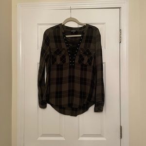 Express black and green plaid lace up long sleeve top